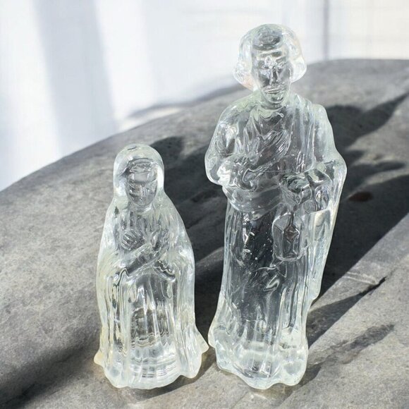 Vintage Clear Glass Joseph And Mary Nativity Figurine Set Holy Family Glassware - Picture 1 of 9